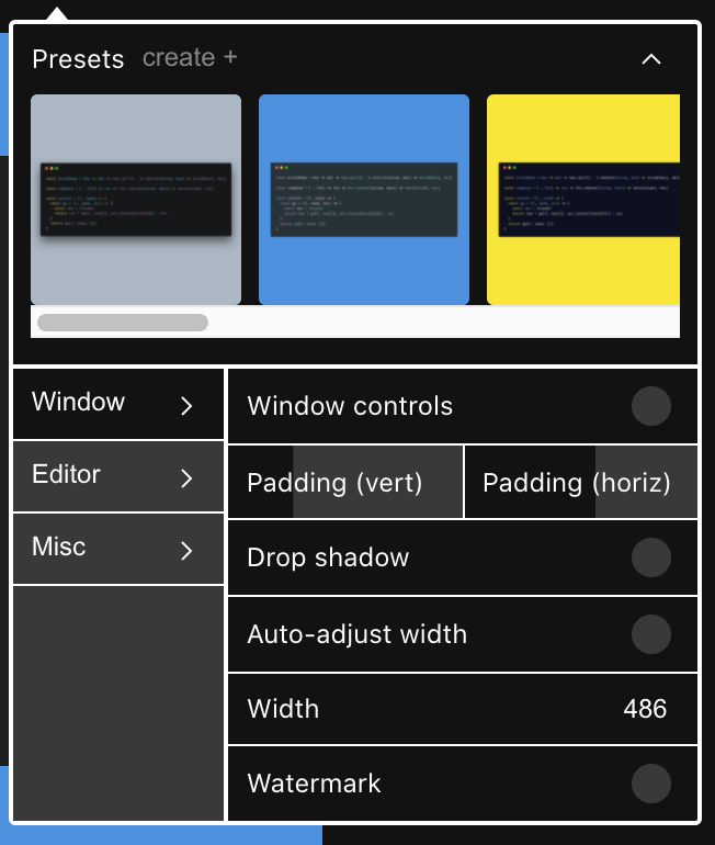 Screenshot of the controls Carbon offers to adjust IDE window settings